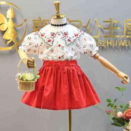 Summer New Girl Clothes Suit Embroidered Cherry Lace Lapel Top+Elastic Waist Skirt Two-Piece Baby Kids Suit Children'S Clothing Y220310