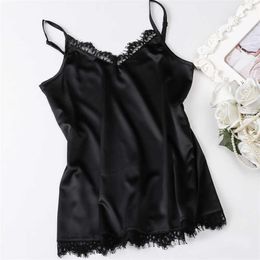 Korean Fashion Silk Crop Top Women Office Lady Satin Tank Lace Off Shoulder Camis Plus Size 4XL Spaghetti Strap 210531