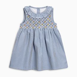 Little Maven New Summer Kids Light Blue Striped Turn-down Embroidery Girls 2-7yrs Short-Sleeved Cotton Woven Smock Dresses 210329