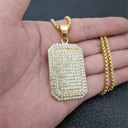 Pendant Necklaces Men Army Style Gold/Silver Colour Full Rhinestones Iced Out Charm Square Dog Tag Necklace Hip Hop Bling Jewellery