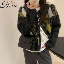 H.SA Sueter Mujer Cardigans Women Argyle Slim Cute Sweater Harajuku Casual Spring Knit Jacket cardigan feminino 210417