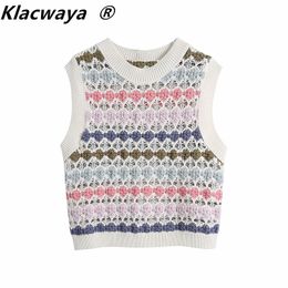Woman Crochet Hollow Knit Vest Top Sweet Round Neck Sleeveless Striped Rainbow Color Knitting Vests 210521