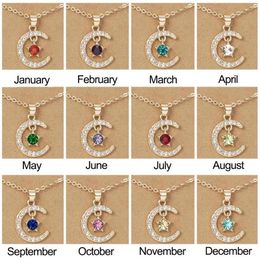 Pendant Necklaces Birth Month Moon Stars Necklace For Women Shiny Rhinestone Birthstone Clavicle Chain Wish Card Jewelry Gifts