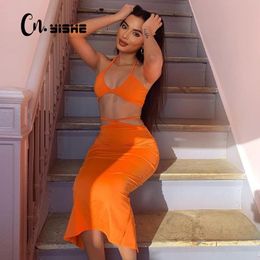 CNYISHE Neon Orange Halter Bandage Two Piece Skirt Sets Women Tracksuits Sexy V-neck Camisole and Wrap Hip Skirt Matching Set 210419