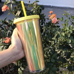 drinkware tumblers Canada - Mugs 450 700ml Water Bottle Reusable Skinny Plastic Tumbler Colorful Cup With Lid Straw Double-layer Outdoor Drinkware