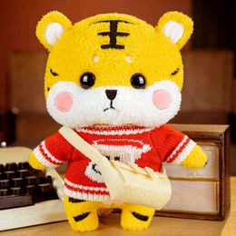 Kawaii Knitted Overalls Dress Tiger Plush Toy Stuffed CArtoon Animals Christmas Hat Sweater Tiger Year Mascot Cuddly Plushie kid