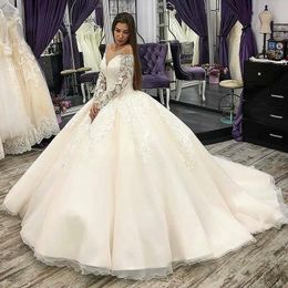 2022 Vintage Ball Gown Wedding Dresses Jewel Neck Illusion Lace Appliqued Long Sleeves Bridal Gowns Custom Made Robe De Mariee Corset Back Plus Size