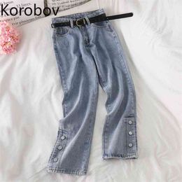 Korobov New High Waist Women Split Button Pants Preppy Style Vintage Female Trousers Streetwear Korean Jeans Pants 210430
