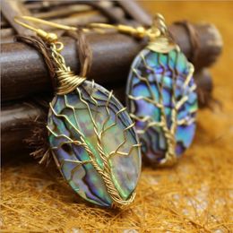 Golend Wire Wrapped Tree of Life Dangle Earrings with Oval Abalone Paua Shell 5 Pairs