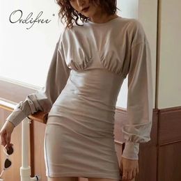 Spring Autumn Women Mini Long Sleeve Casual Plain Sexy Bodycon Short Dress 210415