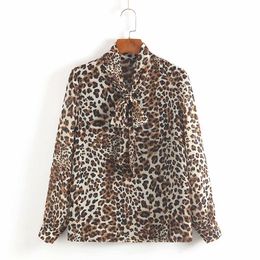 Spring Women Leopard Shirt Female Long Sleeve Bow Blouse Print and Tops Lady Office Streetwear 210514