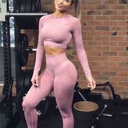 2PCS Women Sport Suit Long Sleeve Shirts Crop Top Seamless Yoga Leggings Set Gym Clothes Fitness Tracksuit Workout 210802