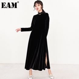 [EAM] Women Black Long Velvet Elegant Dress Stand Collar Long Sleeve Loose Fit Fashion Spring Autumn 1R59101 21512