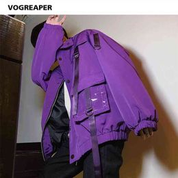 Men Streetwear Mulit-Pockets Ribbons Jacket Windbreaker Harajuku Black Purple Hip Hop Jackets Hipster Cargo Outwear Coats 210819