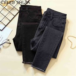 Arrive Woman Skinny Jeans Black Grey High Waist Elastic Denim Pencil Pants Mon Korean Fashion Solid 210629