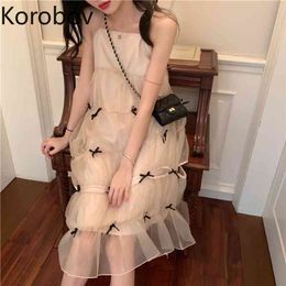Korobov Summer Sweet Bow Spaghetti Strap Dress Korean A-Line High Waist Female Dresses Chic Mesh Beach Style Robe Femme 210430