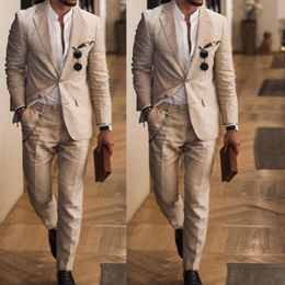 Men's Suits Summer Casual Men Beige Cotton Linen Suit Grooms Tuxedo Prom Party Dinner Business Work Wear Male Blazer Jacket & Pants