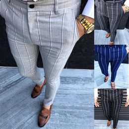 Men's Pants Formal Striped Pencil Fashion Office Work Skinny Button Long Trousers Slim Fit Business Casual Bigsweety