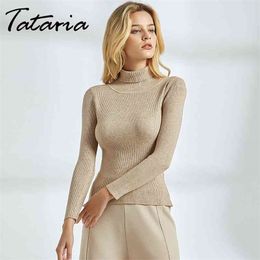 1 Ribbed Turtleneck Knitted Sweaters for Women Long Sleeve Pullovers Elegant Basic Pullover 210514