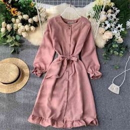 Women Casual Dress Fall Long Sleeve Single-breasted Ruffles es Ladies Slim with Belt Midi Vestidos Mujer 210525