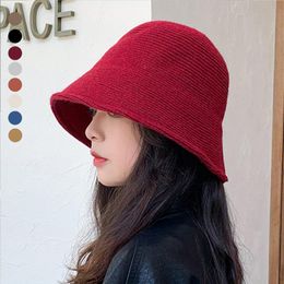 Women Bucket Hat Basin Caps Outdoor Travel Visor Solid Color Wool Drawstring Fisherman Vintage Knitted Cap Wide Brim Hats