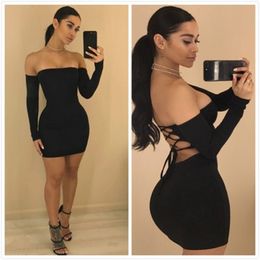 Back Lace Up Hollow Out Dress Women Autumn Winter Womens Sexy Off Shoulder Bodycon Dresses Party Night Club Vestido 210517