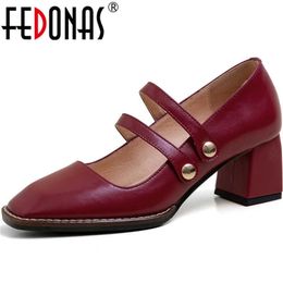 Slip On Women Genuine Leather Square Heels Pumps Elegant Concise Basic Working Shoes Woman Fashion 210528