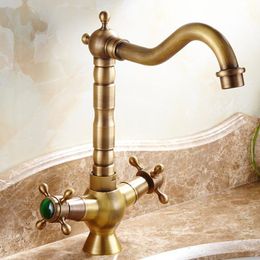 Bathroom Sink Faucets Basin Antique Bronze Finish Brass Jade Swivel Faucet 2 Lever Deck Toilet Washbsin Mixer Water Taps WC