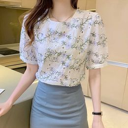 Women Shirt printing Blouses for floral short sleeve Shirt's clothing blue o-neck Blouse Female lace OL 210604