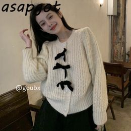 Sweaters&Jumpers Women's Clothing O Neck Puff Long Sleeve Bow Knitted Cardigan Top Gentle Single-breasted Jacket Pull Femme 210429