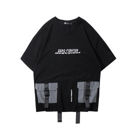 Techwear Reflective Buckle Multi-Pockets Ribbon TShirts Men Hip Hop Tops Tees Streetwear Harajuku Short Sleeve Patch T-Shirts 210714