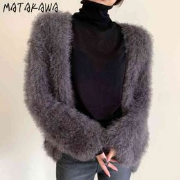 MATAKAWA Retro Loose Solid Plush Warm Long-sleeved Cardigan Autumn and Winter Sweater Short Coat Women Korean Tops 210513