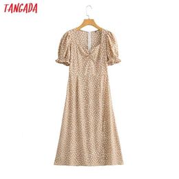 Tangada Women Khaki Dots Print French Style Dress Puff Short Sleeve Ladies Midi Dress Vestidos JA82 210609