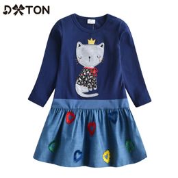 DXTON Children Winter Dresses Long Sleeve Kids Patchwork Dress For Girls Animal Cat Cartoon Toddler Casual Clothing 210317