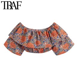 TRAF Women Fashion Floral Print Ruffled Cropped Blouses Vintage Elastic Neck Puff Sleeve Female Shirts Blusas Chic Tops 210415