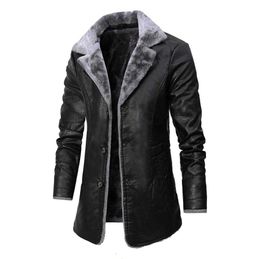Winter Men's Leather Jacket Solid Color Lining Velvet Business Lapel Medium Length Keep Warm Black Leather Windbreaker 211009