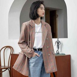 OL Notched Vintage Blazer Jacket Plaid Loose Autumn Winter High Quality Formal Women Blazers Suit Coat Female 210421