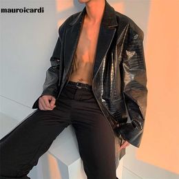 Mauroicardi Spring black reflective print faux leather jackets for men High quality fashion leather jacket men blazer 211008