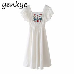 Floral Embroidery Elegant Ladies Dresses Sexy Flying Sleeve Elastic Waist Summer Cotton Dress Women Sweet Party Vestido 210514