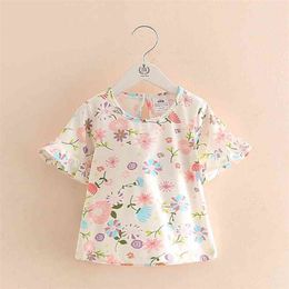 Summer Short-Sleeve 2-10 Years Female Children's Clothing Colurful Flower Print Baby Kids Girl Trumpet Flare Sleeve T-Shirt 210701