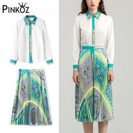 designer style green printed office lady turn down collar long sleeve blouse women shirt pleated midi skirt 2 pieces set 210421