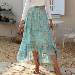 Inspired blue long skirt for women cotton elastic asymmetrical skirts womens floral skirts women new summer skirt 210412