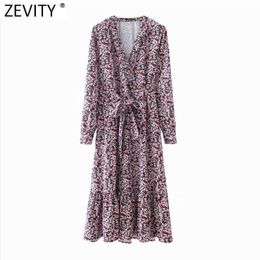 Zevity Women Vintage V Neck Floral Print Bow Tied Sashes Midi Dress Female Chic Long Sleeve Ruffles Party Vestido DS4974 210603