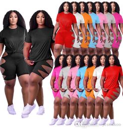 Summer Sports Tracksuits Plus Size Women Clothing Two Pieces Pants Outfits Short Sleeve T-Shirt Hollow Out Kink Shorts Casual Jogging Suits