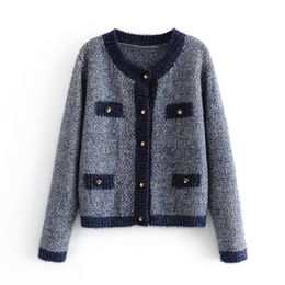 Women Navy Blue O Neck Single Breasted Button Knitted Loose Sweater Cardigans Elegant M0202 210514