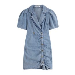 PERHAPS U Notch Collar Button Short Sleeve Mini Dress Elegant Solid Summer Women Female Puff Sleeve Denim D1870 210529