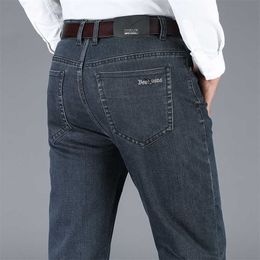 Autumn Winter Men's Stretch Jeans Business Casual Classic Style Trousers Black Gray Straight Denim Pants Male Brand 211111