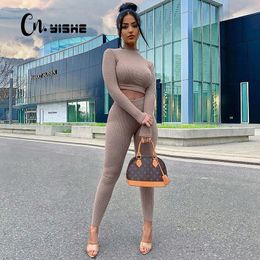 CNYISHE Sporty Workout Fitness Casual Matching Sets Women Tracksuit Long Sleeve Skinny Bodycon Crop Top And Leggings Pants Suits 210419