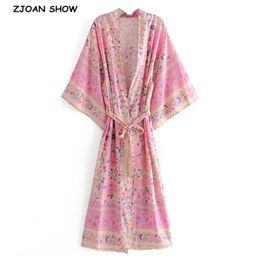 Bohemia V neck Pink Flower Print Maxi Long Kimono Cardigan Ethnic Women Tie Bow Sashes Shirt BOHO Loose Blouse Tops Holiday 210429