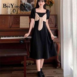 Women A Line Midi Dress Bow Tie Cute Princess Short Puff Sleeve Black Casual Korean Dresses Vintage Slim Charming Robe 210506